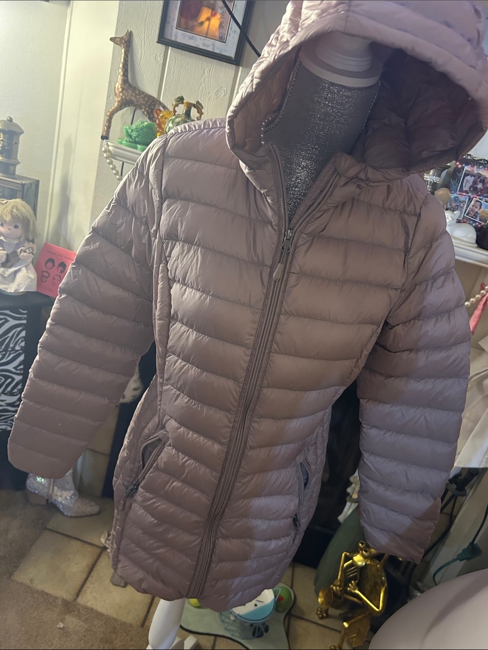 Women's Hooded Quilted Long Puffer Coat - Taupe